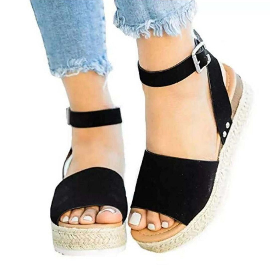 Black open-toe wedge platform sandals with ankle strap and metal buckle