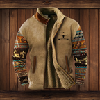 Two-tone merino fleece jacket with patterned sleeves, tan main body, zip front.