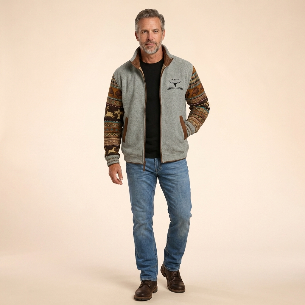 Men's merino wool fleece jacket, grey with full-zip and patterned sleeves