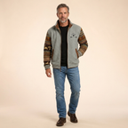 Men's merino wool fleece jacket, grey with full-zip and patterned sleeves