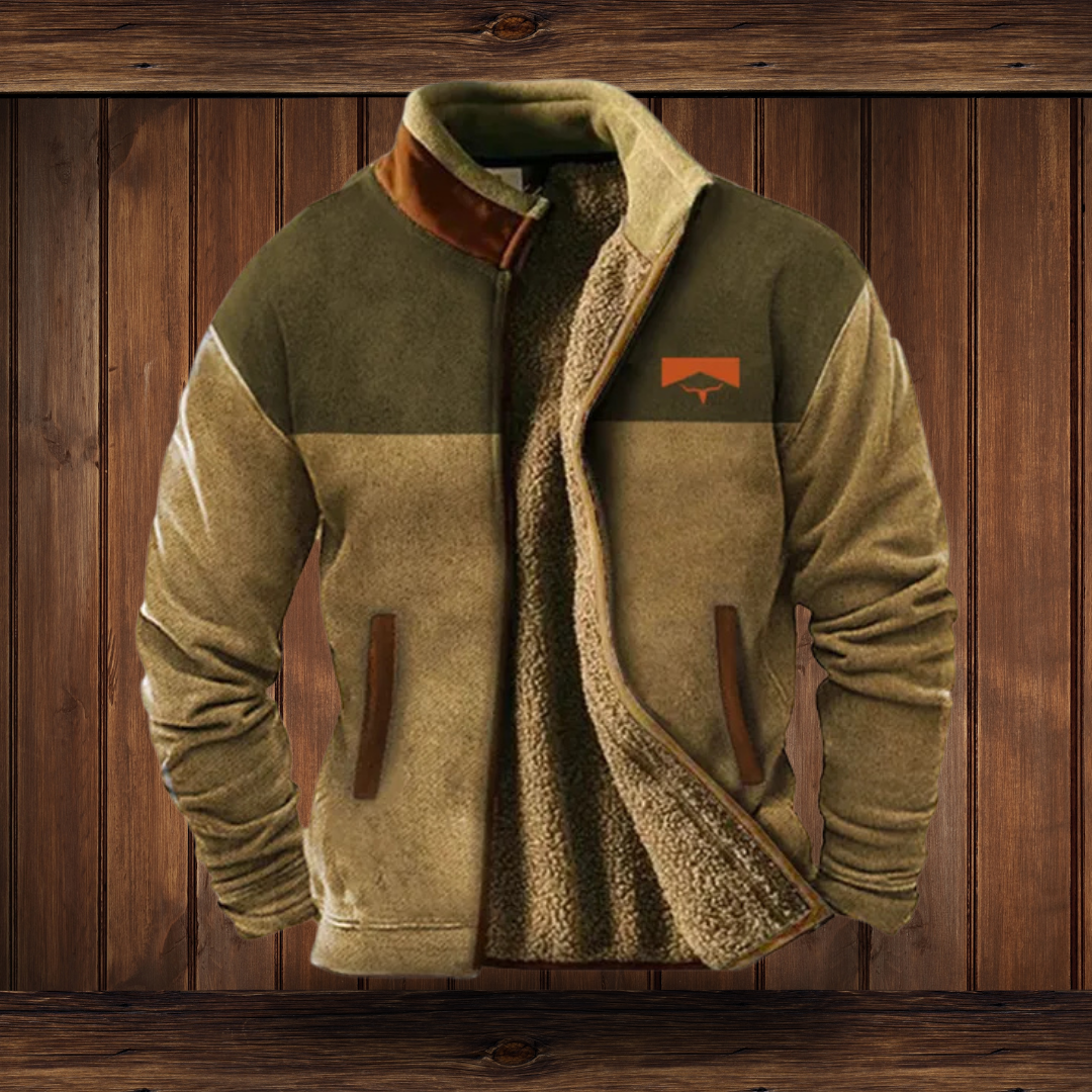 Two-tone merino fleece jacket with patterned sleeves, olive main body, zip front.