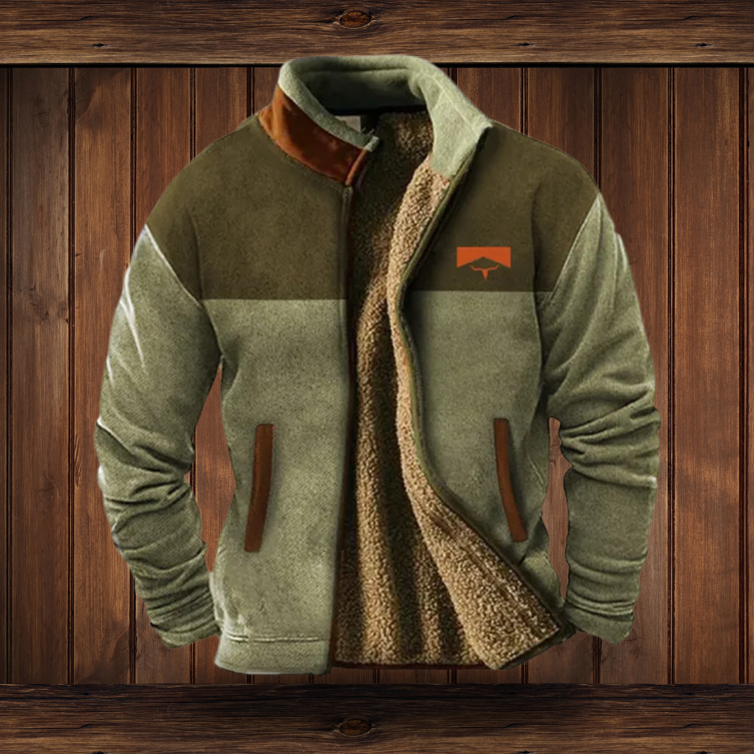 Two-tone merino fleece jacket with patterned sleeves, green main body, zip front.