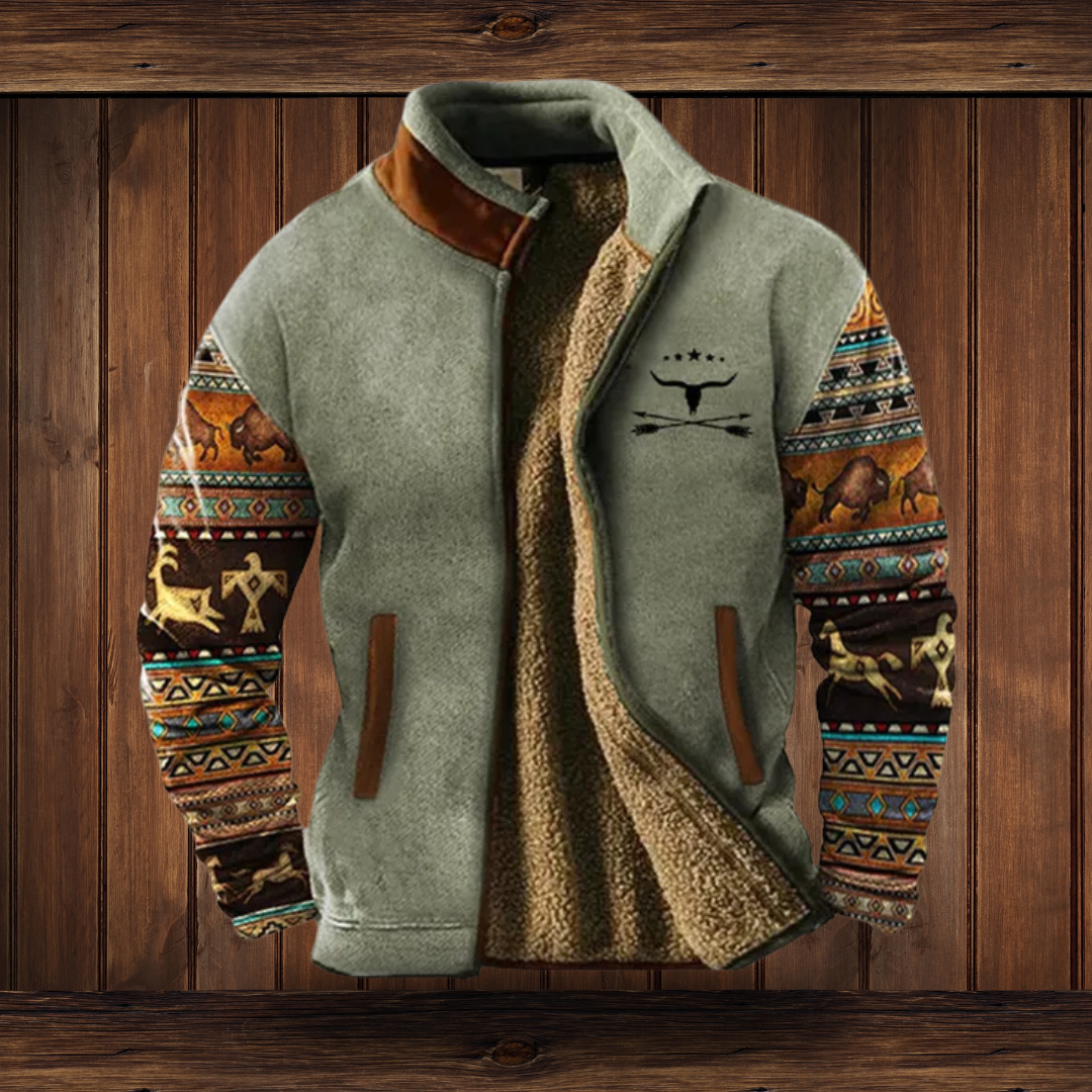 Two-tone merino fleece jacket with patterned sleeves, gray main body, zip front.