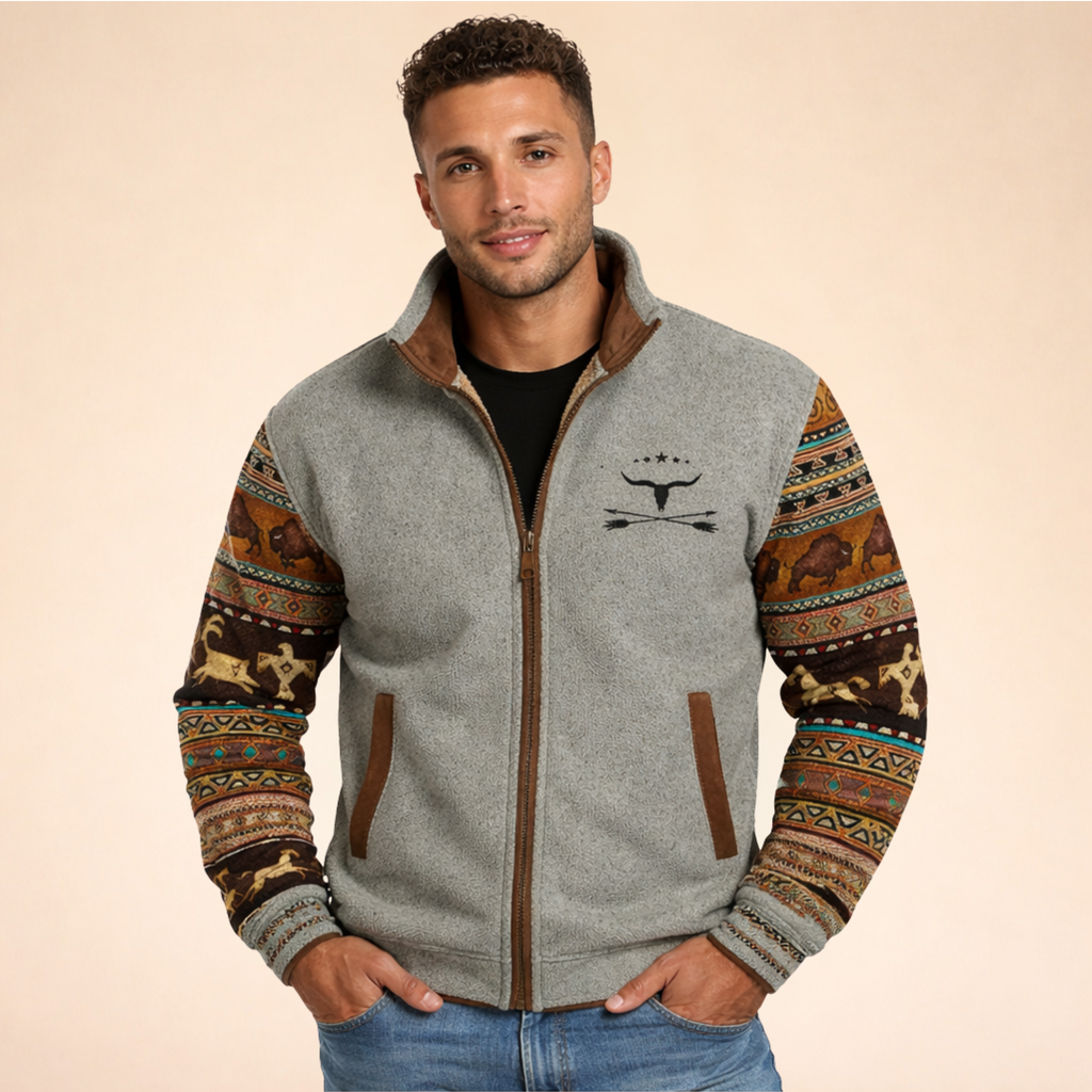 Merino fleece zip jacket with patterned sleeves, heather gray body, stand collar.