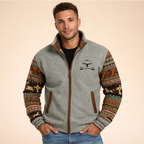 Merino fleece zip jacket with patterned sleeves, heather gray body, stand collar.