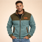 Two-tone merino fleece zip jacket, olive and teal blocks, stand collar, pockets.