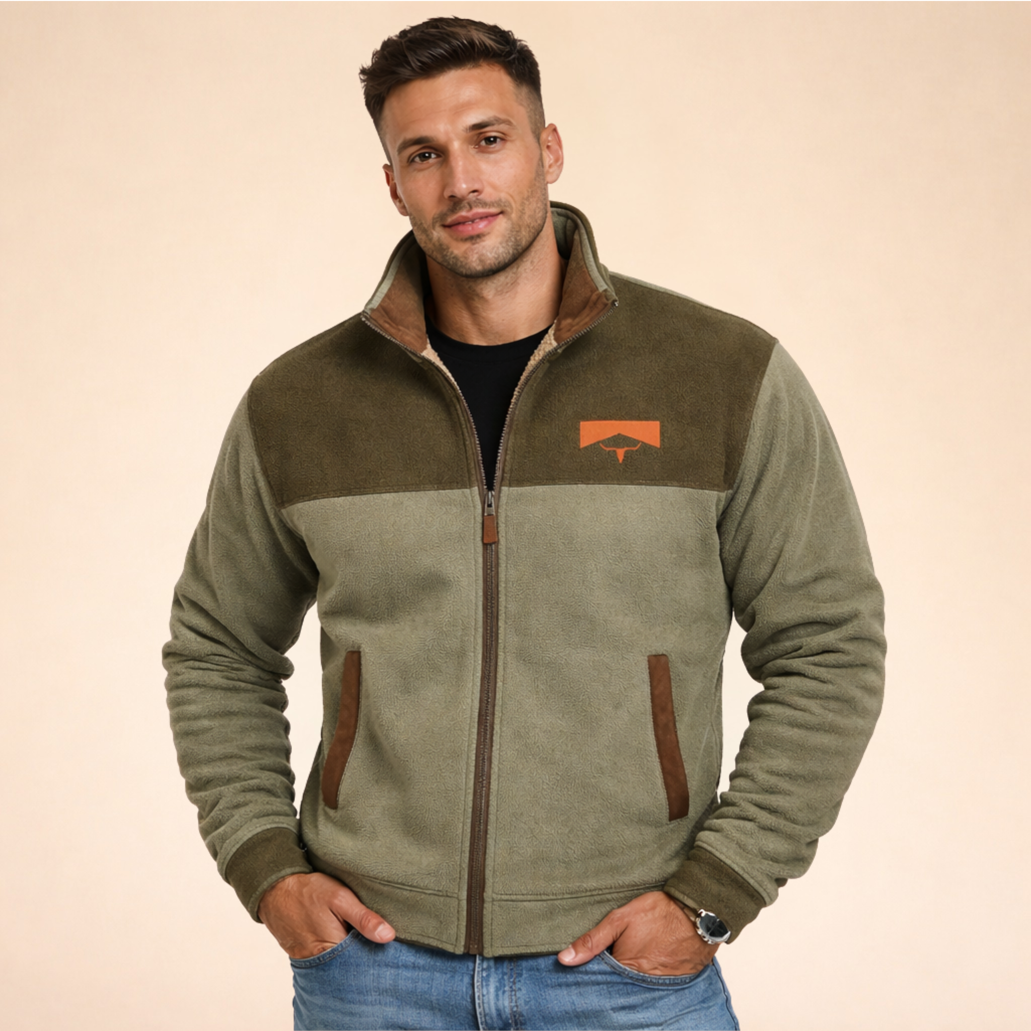 Two-tone merino fleece zip jacket, olive and light gray blocks, stand collar, pockets.