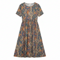 Floral midi dress with short sleeves, multicolor boho pattern and gathered skirt