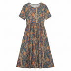 Floral midi dress with short sleeves, multicolor boho pattern and gathered skirt