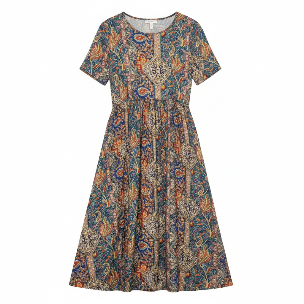 Floral midi dress with short sleeves, multicolor boho pattern and gathered skirt