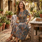 Women's blue floral print short-sleeve dress with pockets, relaxed fit