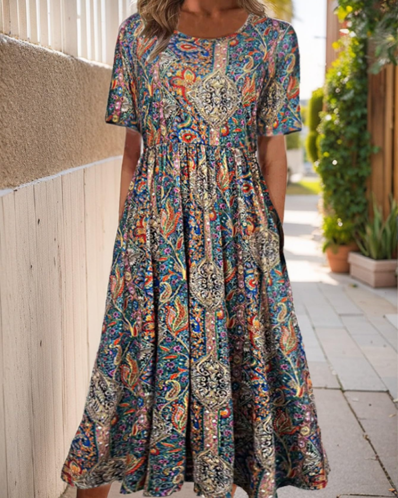 Floral midi dress with short sleeves, multicolor tapestry print and tiered skirt