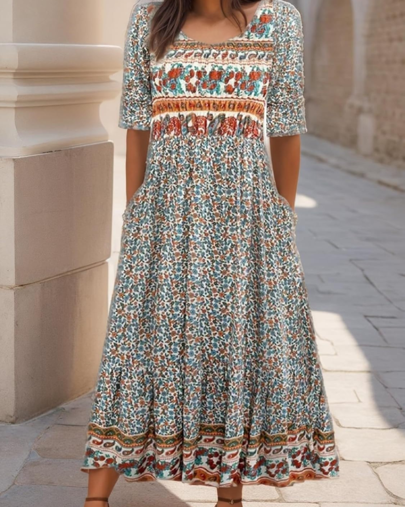 Floral midi dress with short sleeves, light blue and white with border hem