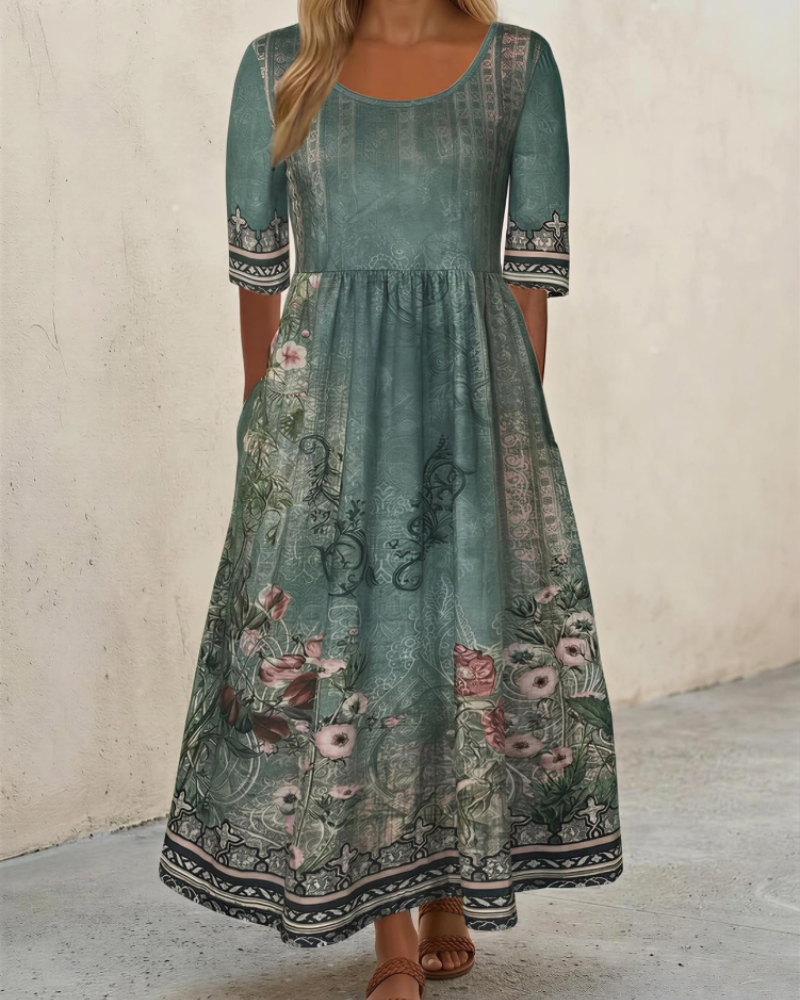 Floral midi dress with short sleeves, dark green base with pink and black print hem
