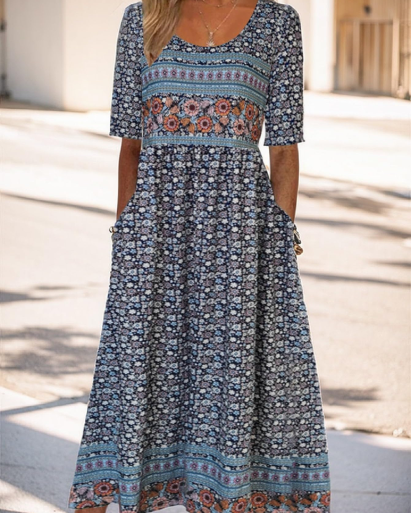Floral midi dress with short sleeves, navy base with small floral all-over pattern