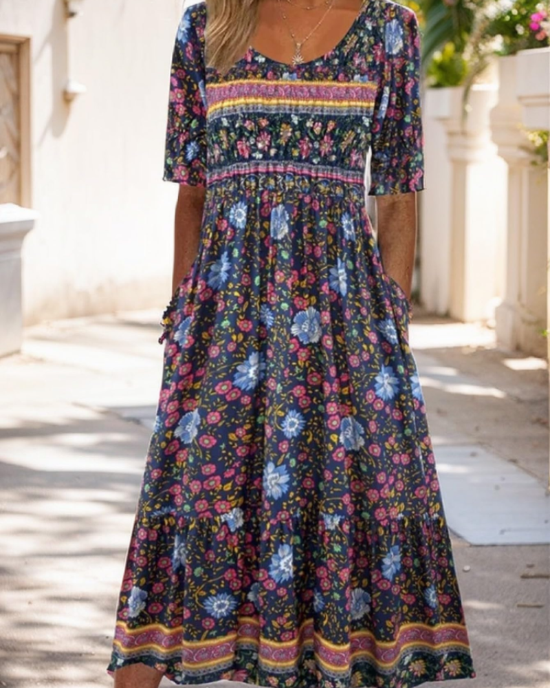 Floral midi dress with quarter sleeves, dark blue with colorful flower print border