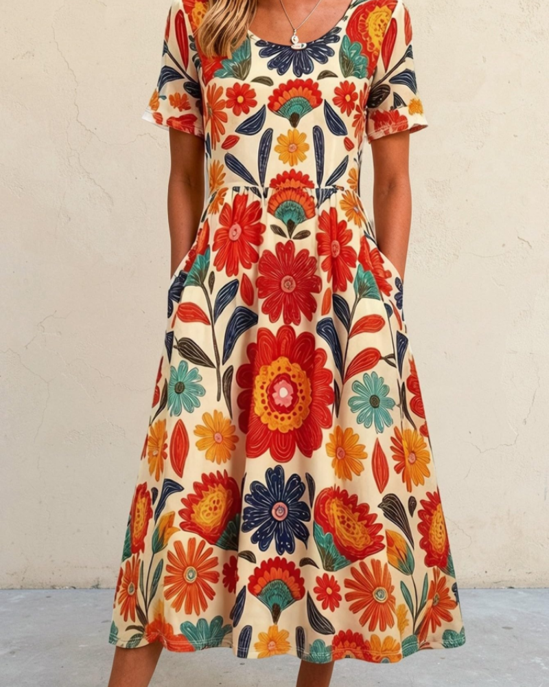 Floral midi dress with short sleeves, cream base with large colorful flower print