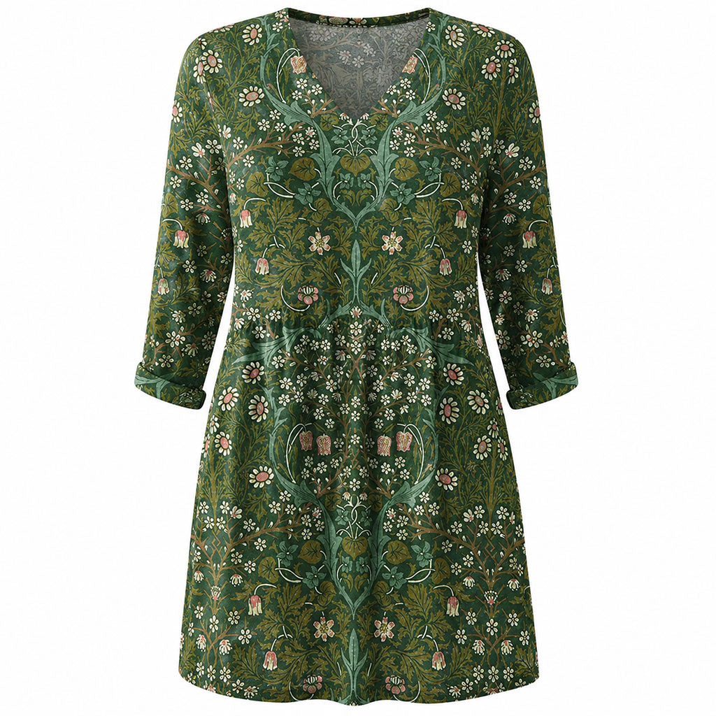 Green printed V-neck long-sleeve draped blouse with relaxed fit and gathered waist