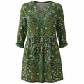 Green printed V-neck long-sleeve draped blouse with relaxed fit and gathered waist