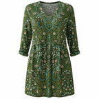 Green printed V-neck long-sleeve draped blouse with relaxed fit and gathered waist