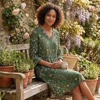 Green floral printed V-neck long-sleeve blouse with relaxed fit