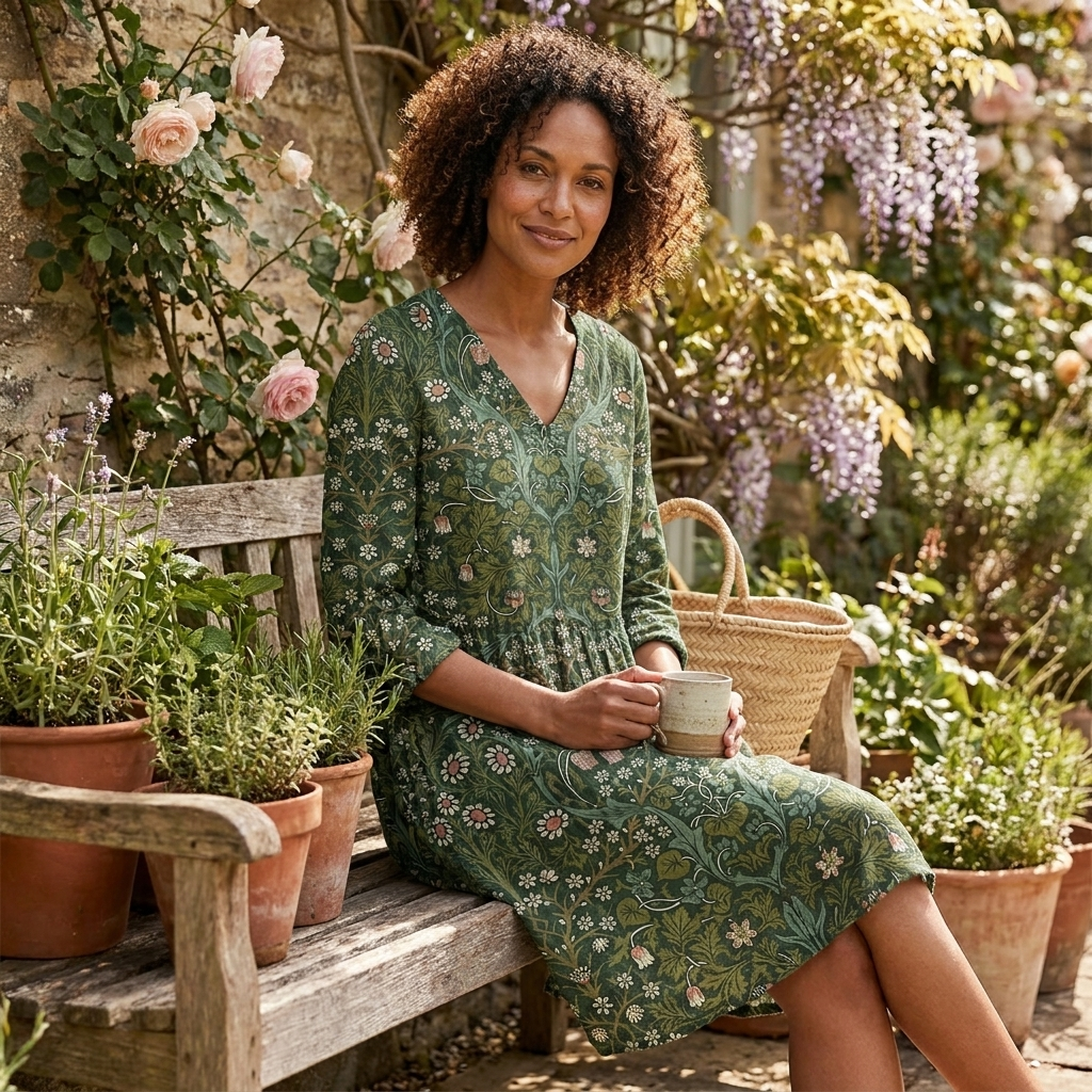 Green floral printed V-neck long-sleeve blouse with relaxed fit