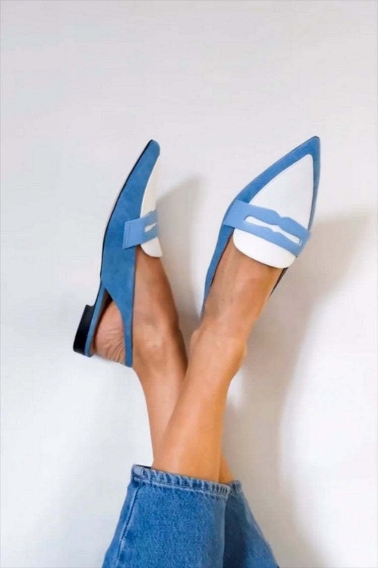 Juliet women's two-tone pointed slingback suede loafers, blue and white