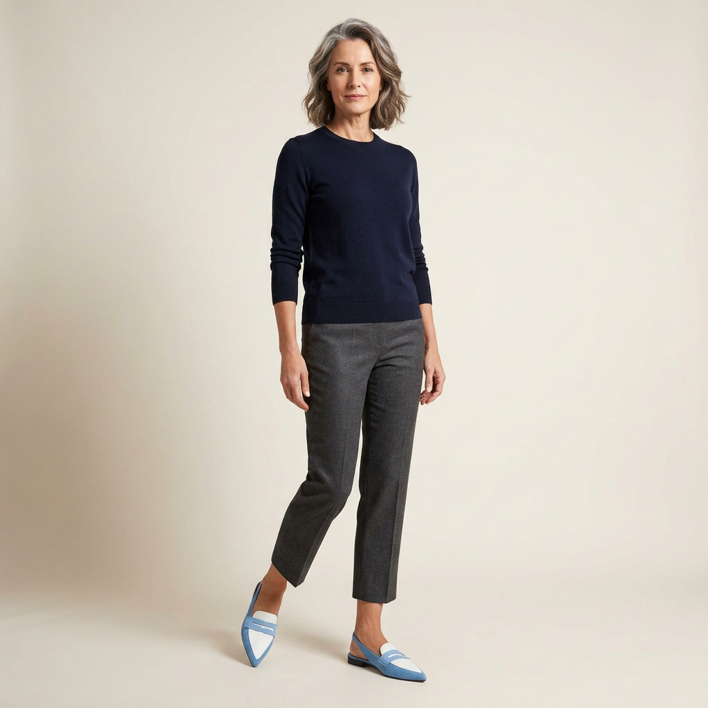 Two-tone suede slingback loafers in blue and white, with open heel strap