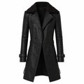 Double-breasted leather coat with notched collar, structured fit, black, long sleeves