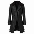 Double-breasted leather coat with notched collar, structured fit, black, long sleeves
