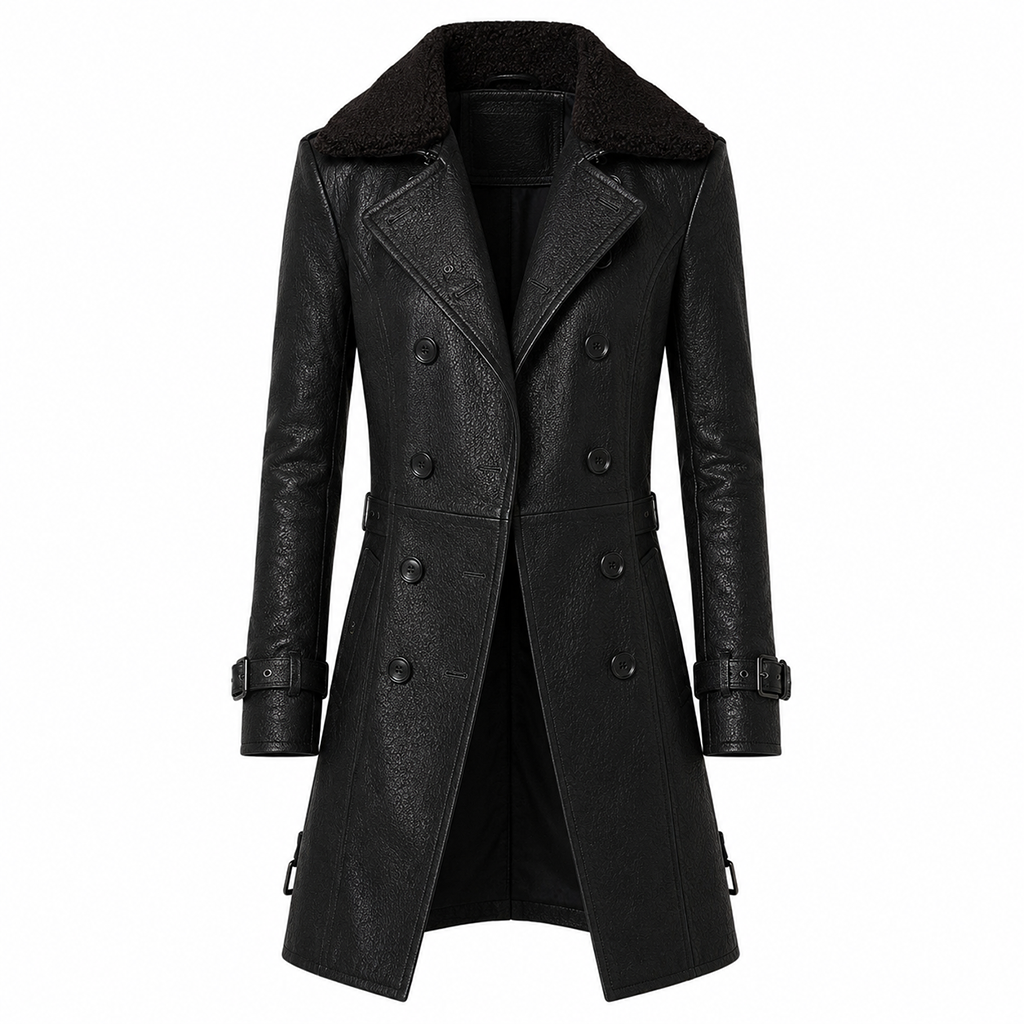 Double-breasted leather coat with notched collar, structured fit, black, long sleeves