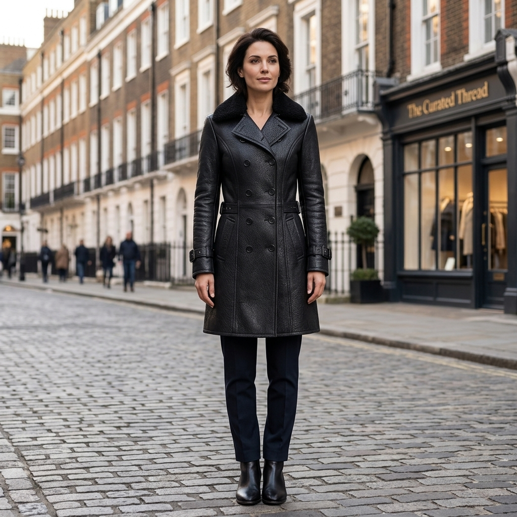 Double-breasted leather coat with wide collar and long button front, black