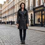 Double-breasted leather coat with wide collar and long button front, black