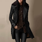 Double-breasted leather coat with wide collar, buttoned front, black