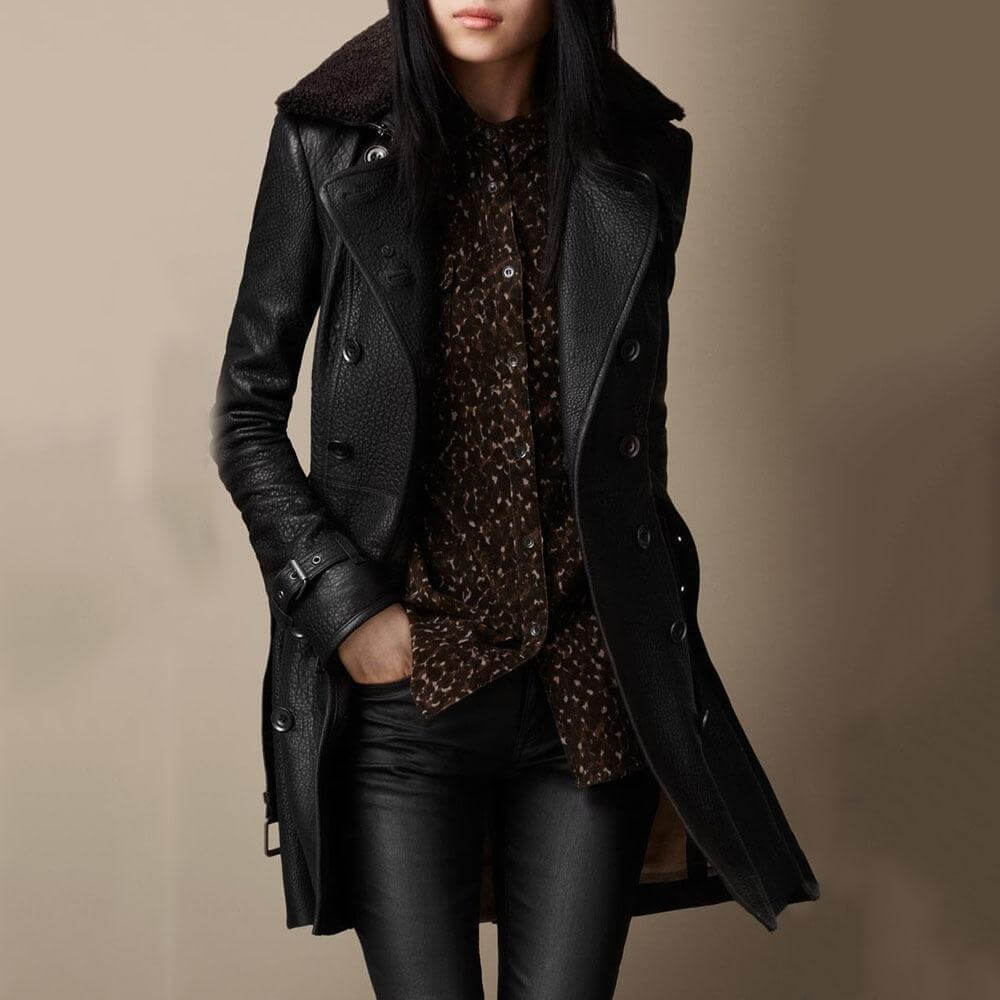 Double-breasted leather coat with wide collar, buttoned front, black