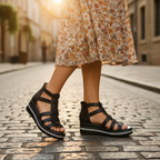 Black gladiator-style wedge sandals with open-toe cutouts and crisscross ankle straps