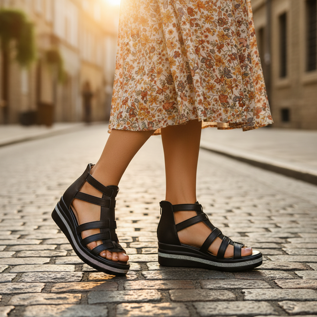 Black gladiator-style wedge sandals with open-toe cutouts and crisscross ankle straps