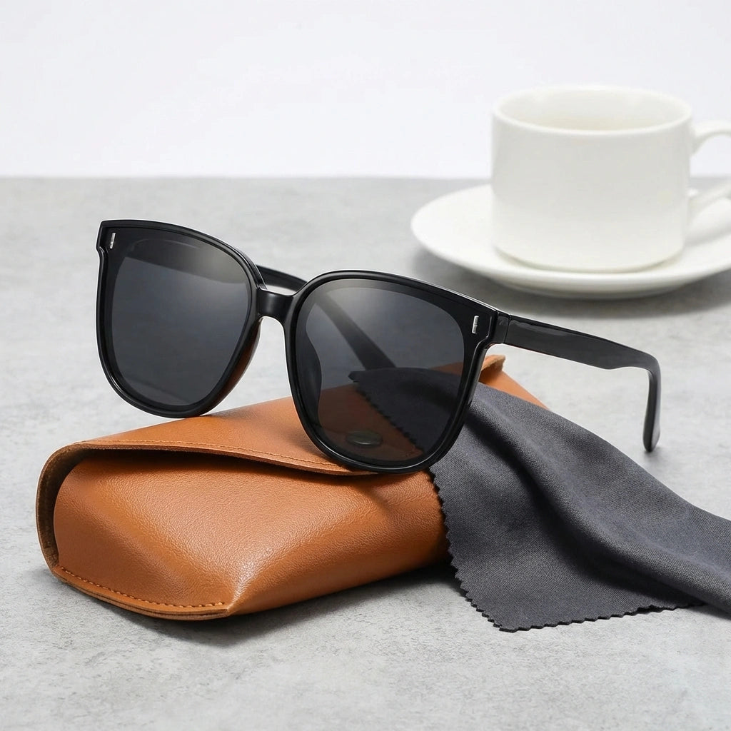 Oversized square sunglasses, glossy black frames with dark tinted lenses, UV400