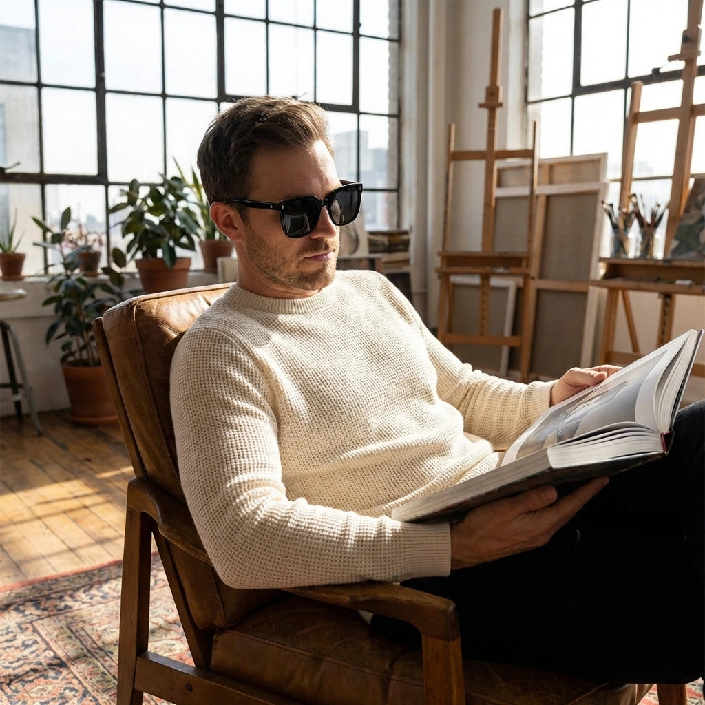 Oversized square sunglasses on a person, glossy black frames with dark tinted lenses