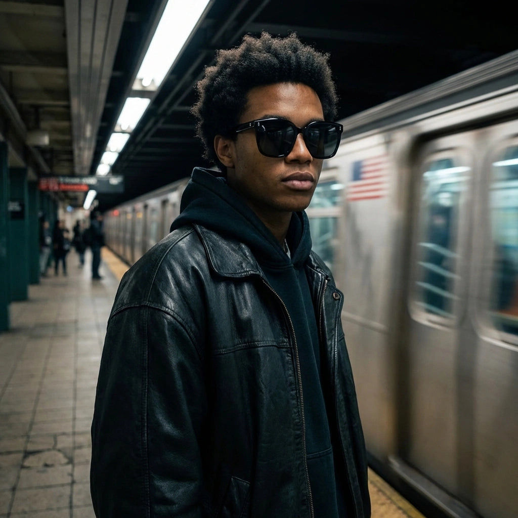 Oversized square sunglasses on a person, glossy black frames with dark tinted lenses
