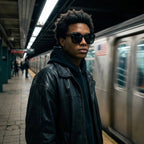 Oversized square sunglasses on a person, glossy black frames with dark tinted lenses