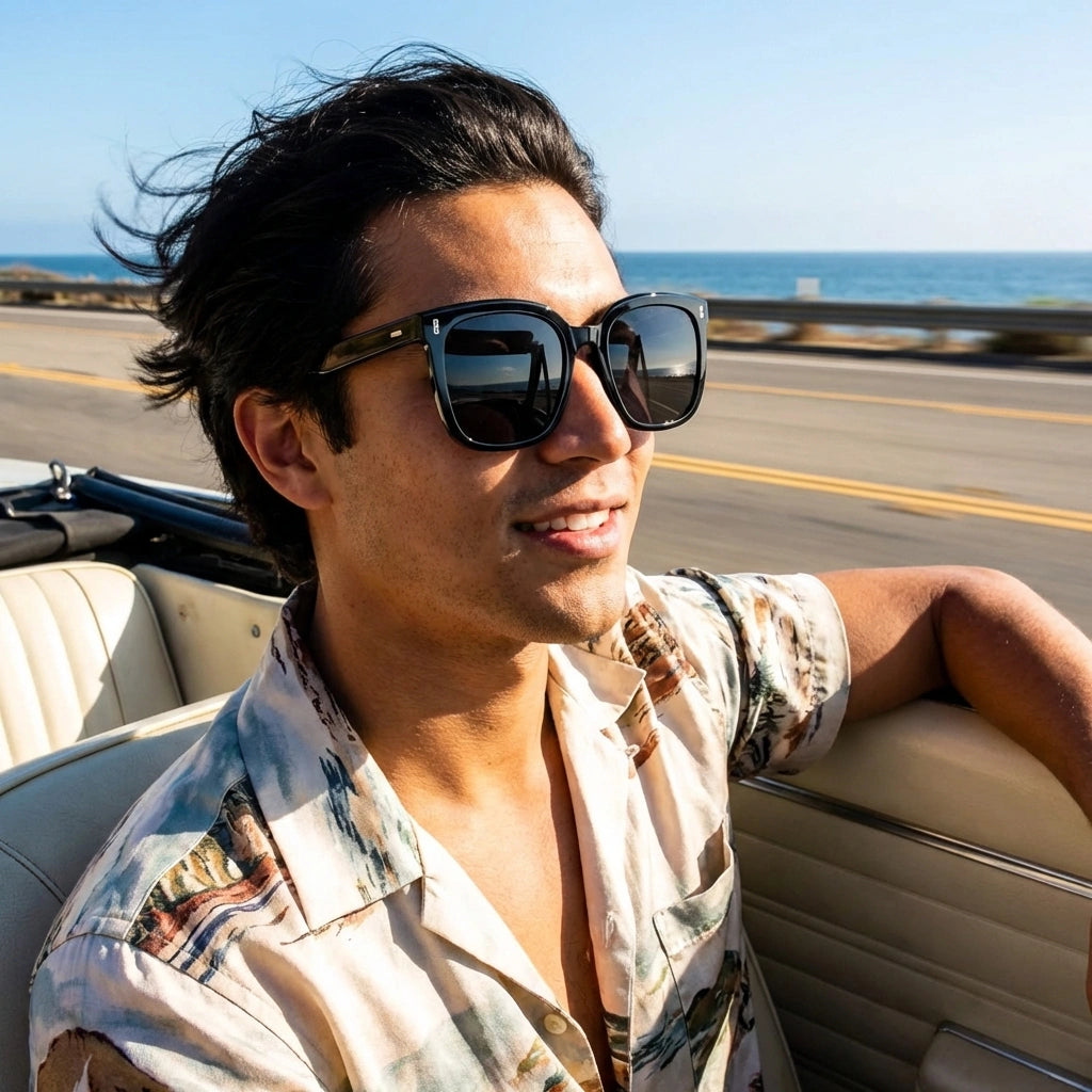Oversized square sunglasses on a person, glossy black frames with dark tinted lenses