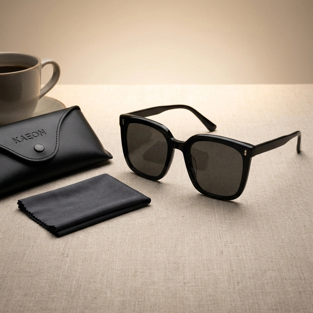 Square sunglasses with glossy black frames and dark lenses, plus cloth and case