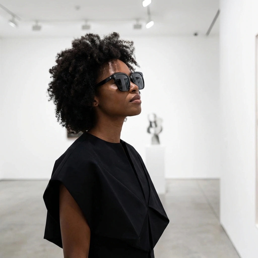 Oversized square sunglasses on a person, glossy black frames with dark tinted lenses