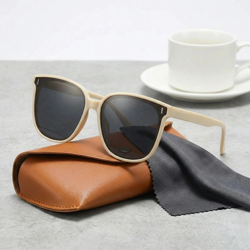 Oversized square sunglasses, glossy beige frames with dark tinted lenses, UV400