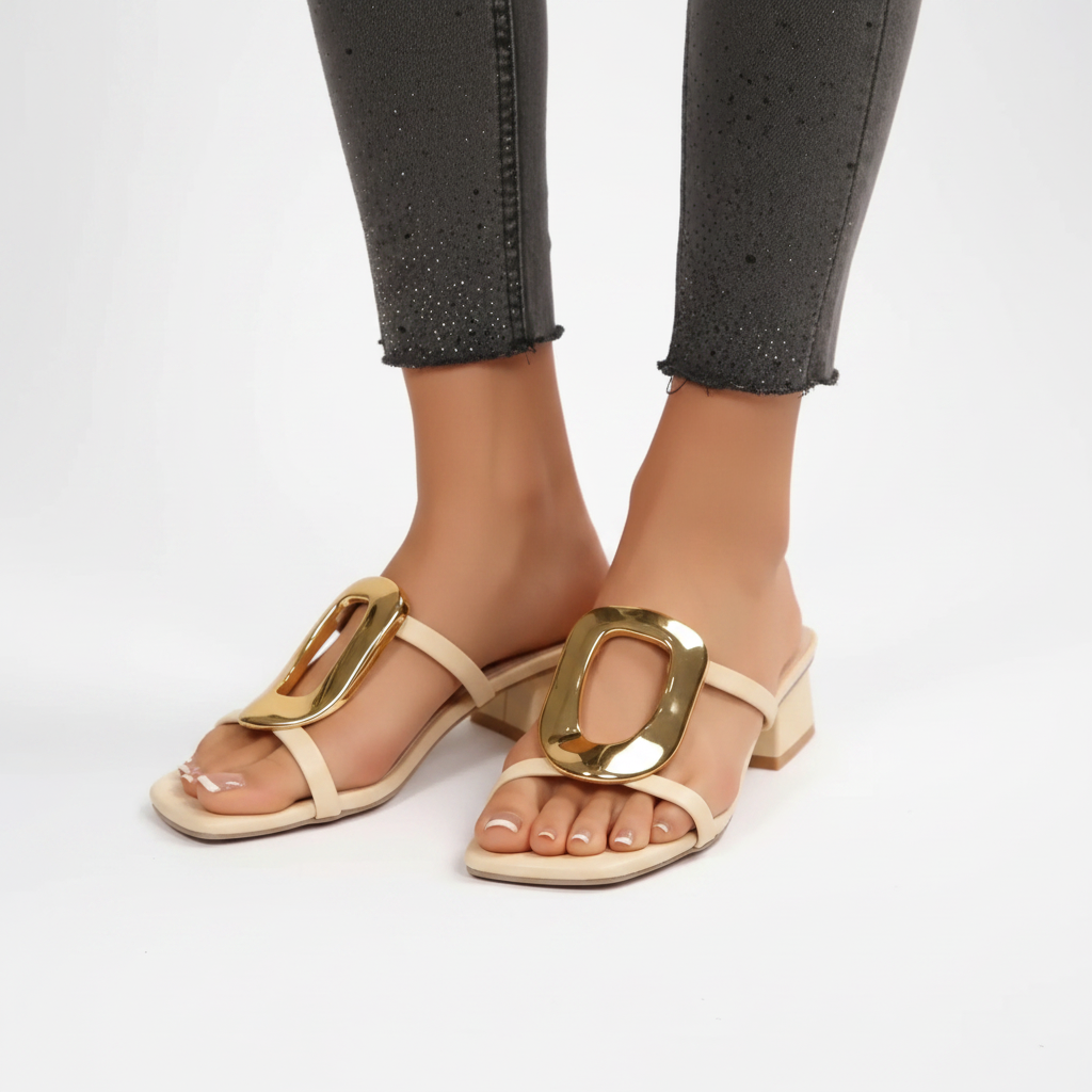 Soft cream square-toe mule sandals with gold buckles and low block heel