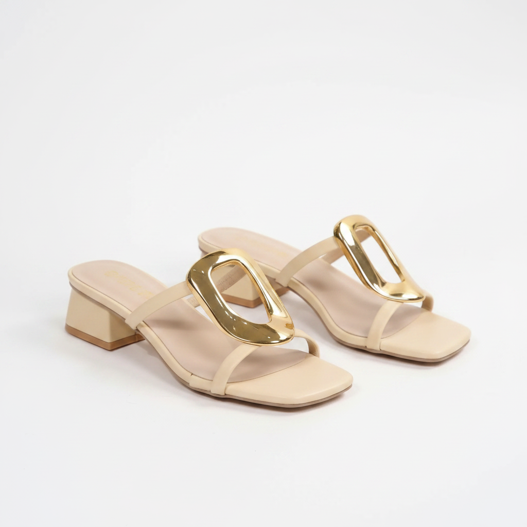Soft cream square-toe buckle mule sandals with gold-tone hardware and block heels