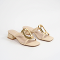 Soft cream square-toe buckle mule sandals with gold-tone hardware and block heels