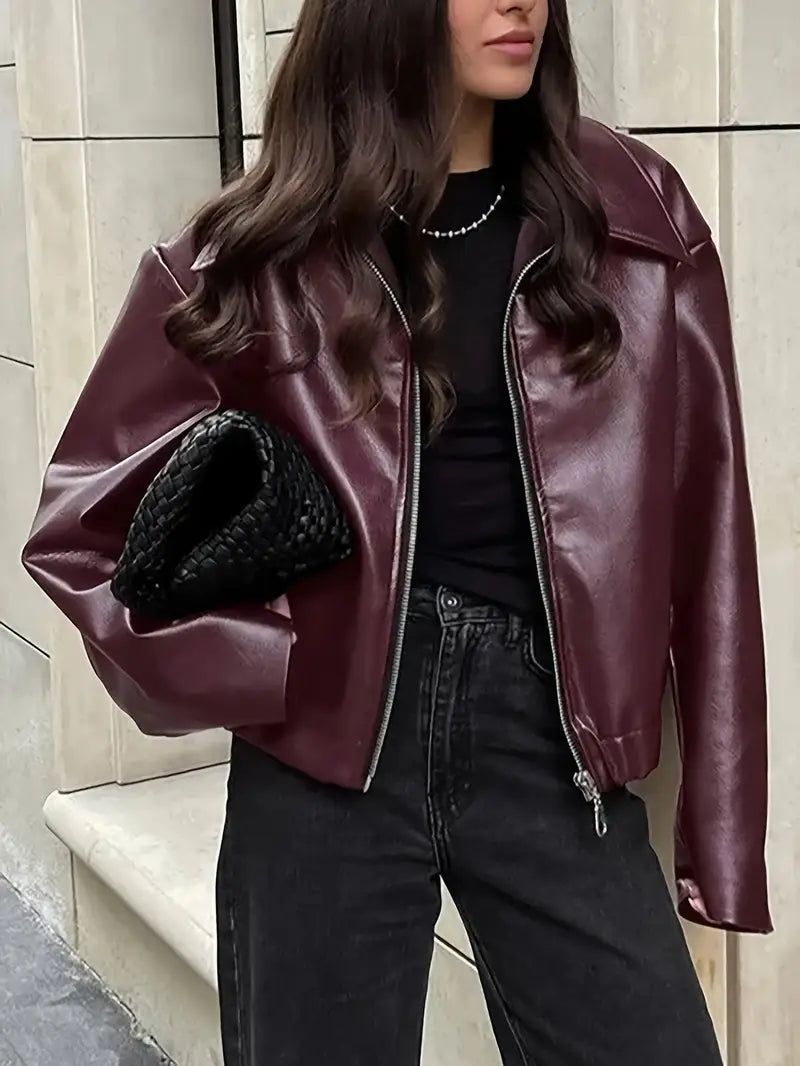 Women’s relaxed fit zip-up bomber jacket, burgundy faux leather look, stand collar, pockets