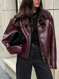 Women’s relaxed fit zip-up bomber jacket, burgundy faux leather look, stand collar, pockets